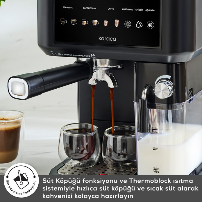 Karaca MyCaffe Barista S10 Entegre Süt Hazneli, Espresso, Latte ve Cappuccino Makinesi Matte Black