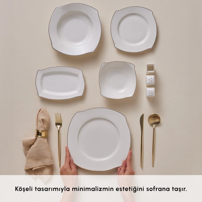 Karaca Square Bone Beyaz Altın 53 Parça 12 Kişilik Yemek Takımı 