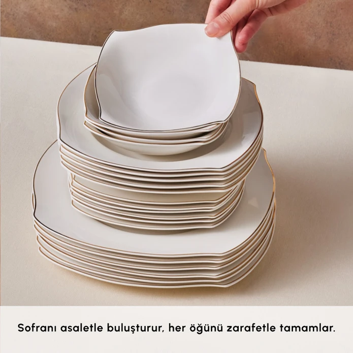Karaca Square Bone Beyaz Altın 53 Parça 12 Kişilik Yemek Takımı 