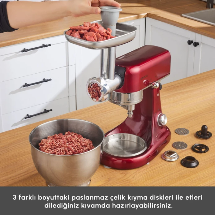 Karaca Multicast Plus Döküm Kıyma Çekme/Sucuk-Sosis/İçli Köfte/ Kurabiye Aparatlı Hamur Yoğurma Makinesi Red 5L