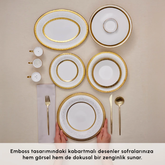 Karaca Royal Bone Victoria 55 Parça 12 Kişilik Yemek Takımı Gold 