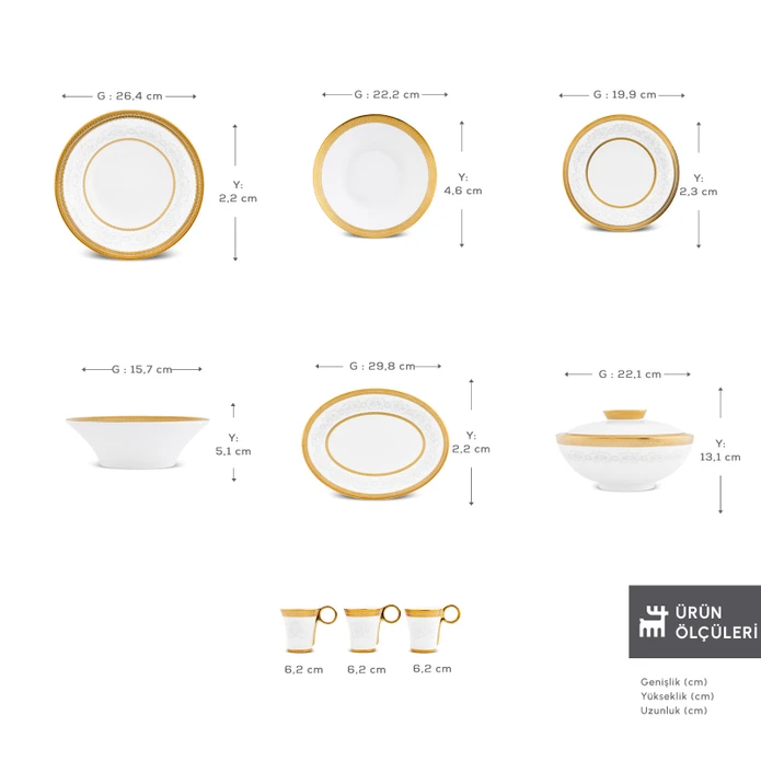Karaca Royal Bone Charlotte 55 Parça 12 Kişilik Yemek Takımı Gold 