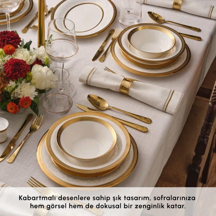 Karaca Royal Bone Charlotte 55 Parça 12 Kişilik Yemek Takımı Gold 