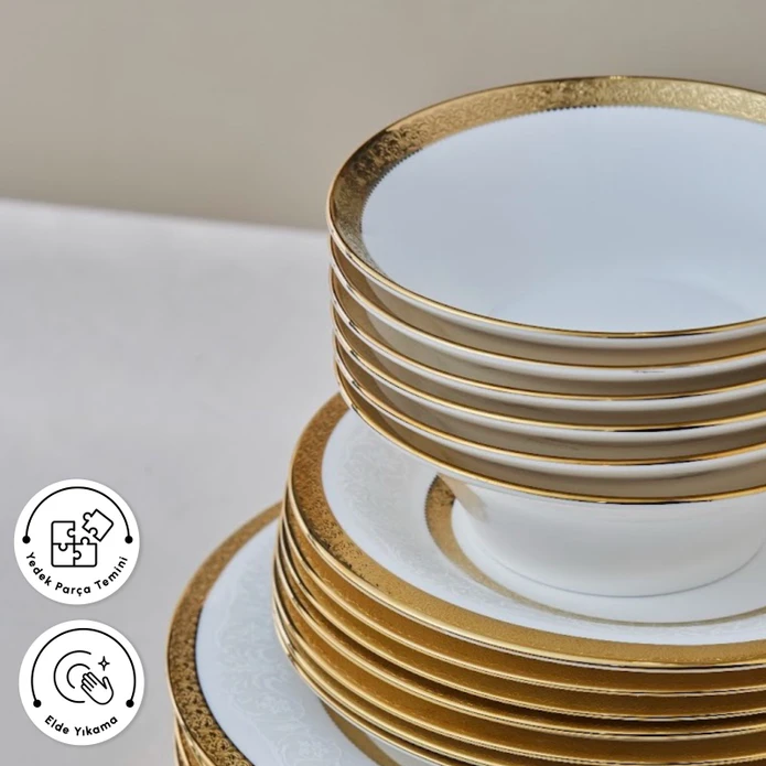 Karaca Royal Bone Charlotte 55 Parça 12 Kişilik Yemek Takımı Gold 