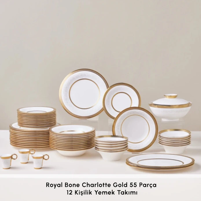 Karaca Royal Bone Charlotte 55 Parça 12 Kişilik Yemek Takımı Gold 