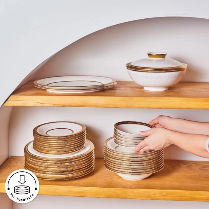 Karaca Royal Bone Charlotte 55 Parça 12 Kişilik Yemek Takımı Gold 