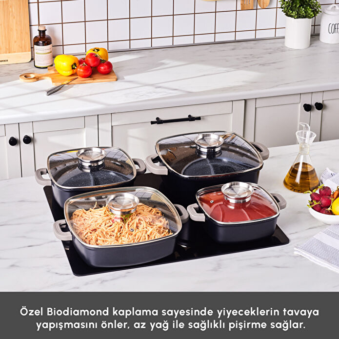 Karaca Biodiamond Soneva İndüksiyon Tabanlı 8 Parça Döküm Tencere Seti Siyah