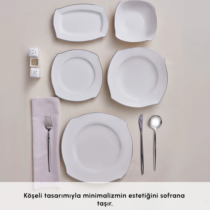 Karaca Square Bone Eterno 53 Parça 12 Kişilik Yemek Takımı Platin