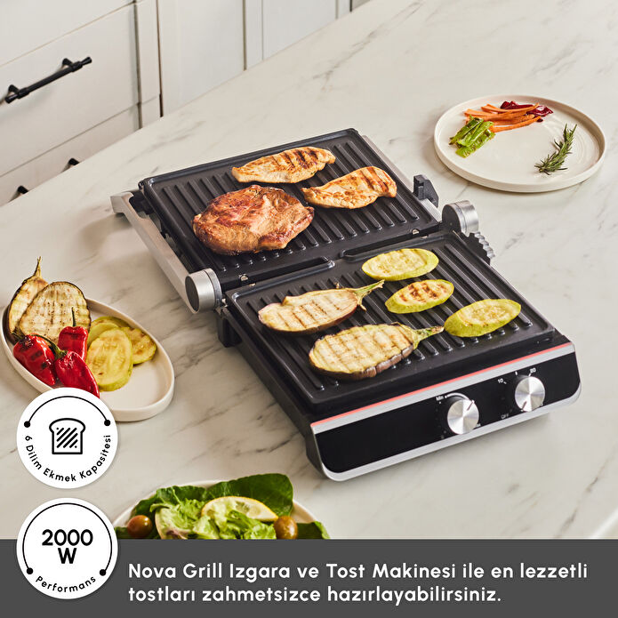 Karaca Nova Grill 6 Dilim Kapasiteli Inox Gövdeli Zaman Ayarlı Izgara ve Tost Makinesi 2000W