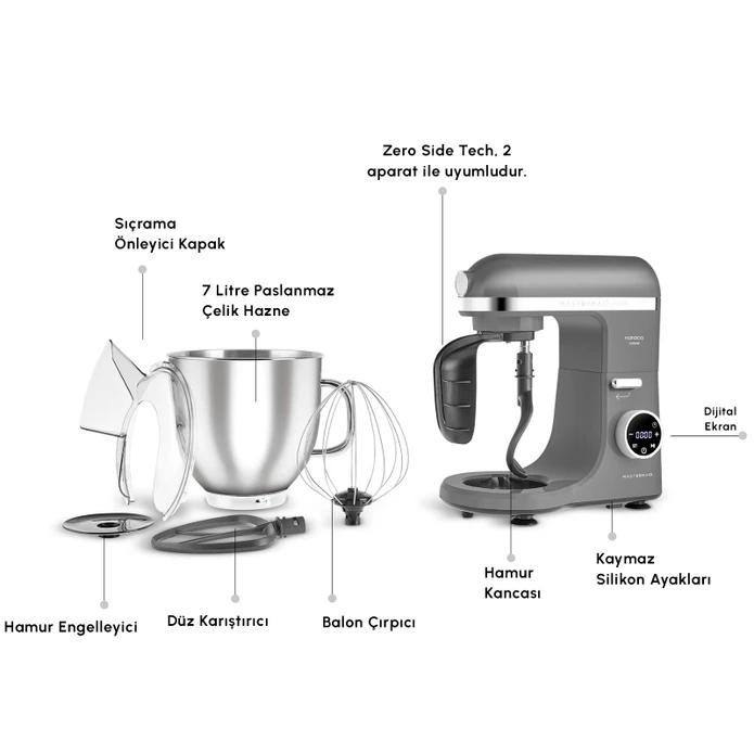 Karaca Mastermaid Chef Ultra D2000W Dijital Ekranlı Hamur Yoğurma Makinesi Galaxy Grey 7L 