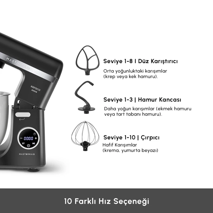 Karaca Mastermaid Chef Ultra D2000W Dijital Ekranlı Hamur Yoğurma Makinesi Matte Black 7L