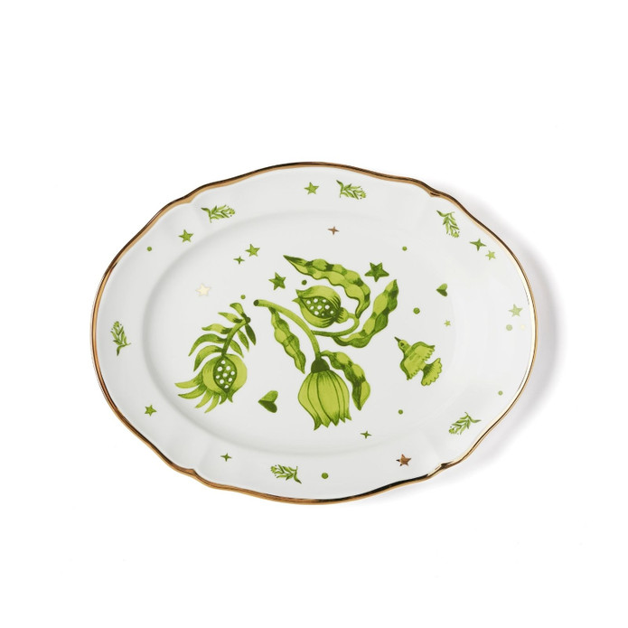 Bitossi Home Fabula Floral Porselen Oval Tabak 34 cm Yeşil
