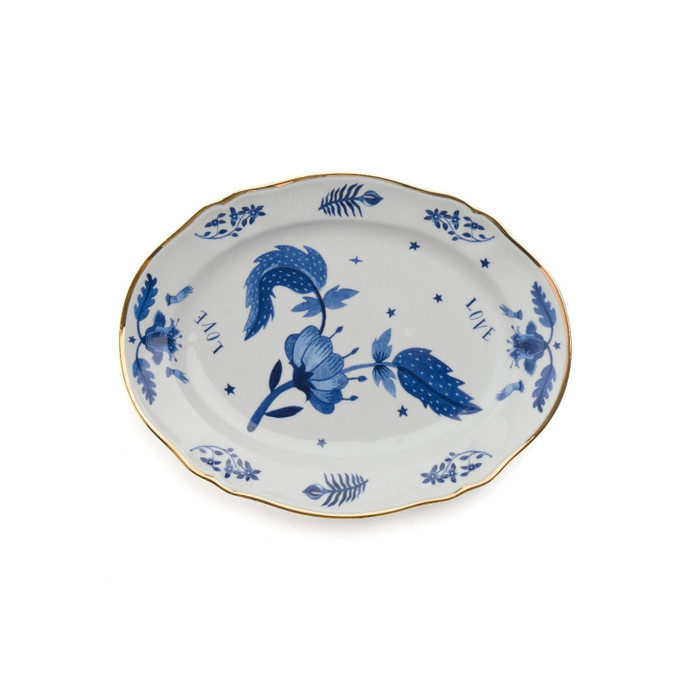 Bitossi Home Fabula Floral Porselen Oval Tabak 34 cm Mavi