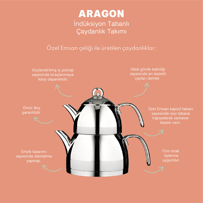 Emsan Aragon Maxi İndüksiyon Tabanlı Paslanmaz Çelik Çaydanlık