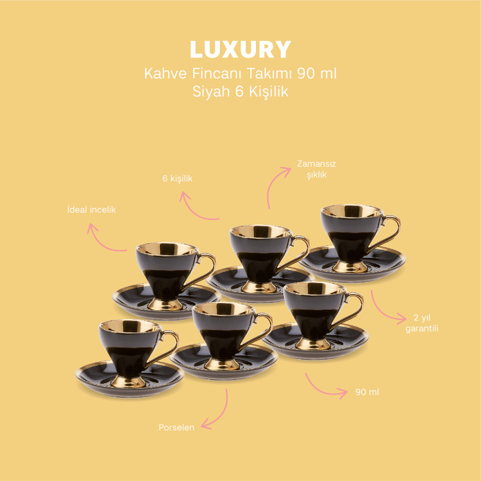 Emsan Luxury Siyah 6 Kişilik Kahve Fincan Takımı 90 ml
