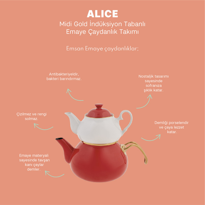 Emsan Alice Midi Gold Emaye Kırmızı Porselen Demlikli Çaydanlık Takımı