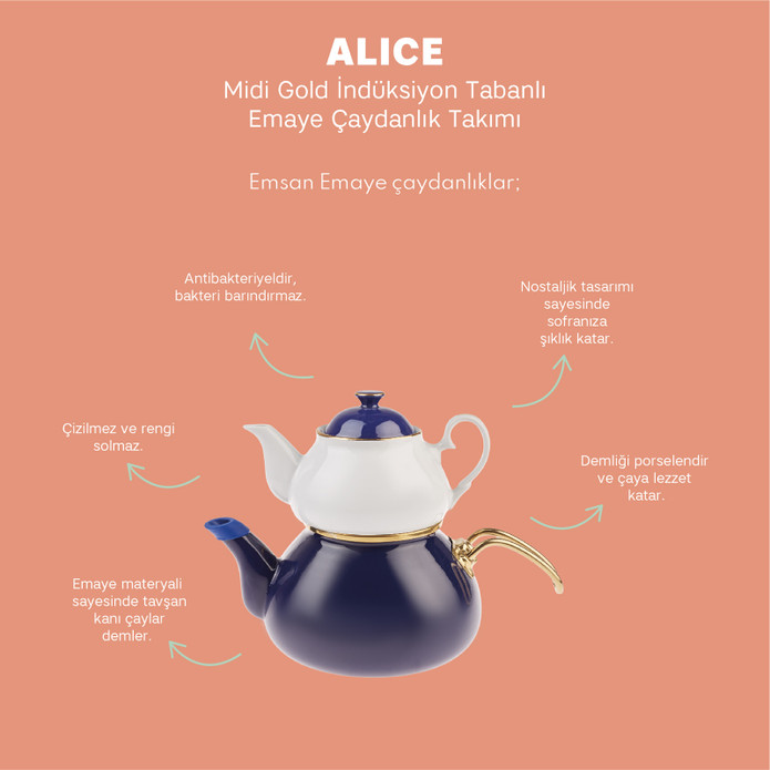 Emsan Alice Midi Gold Emaye Kobalt Porselen Demlikli Çaydanlık Takımı