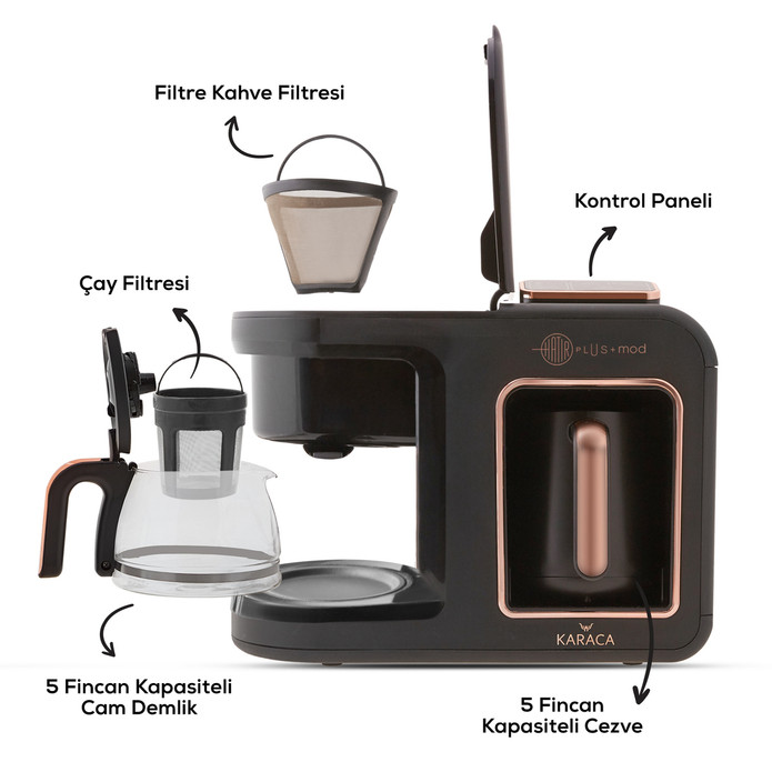 Karaca Hatır Plus 5 ın 1 Konuşan Közde Türk Kahvesi, Sütlü Türk Kahvesi, Sütlü İçecek Hazırlama, Filtre Kahve ve Çay Demleme Makinesi Rosie Brown 10 Fincan İçecek Hazırlama Kapasiteli Bol Köpüklü Dokunmatik Ekran