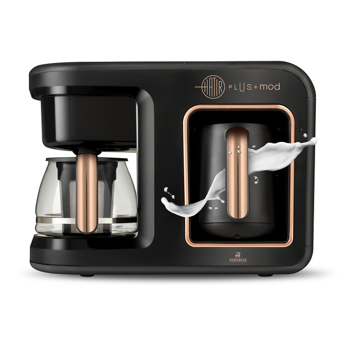Karaca Hatır Plus 5 ın 1 Essential Közde Türk Kahvesi, Sütlü Türk Kahvesi, Sütlü İçecek Hazırlama, Filtre Kahve ve Çay Demleme Makinesi Black Copper 10 Fincan İçecek Hazırlama Kapasiteli Bol Köpüklü