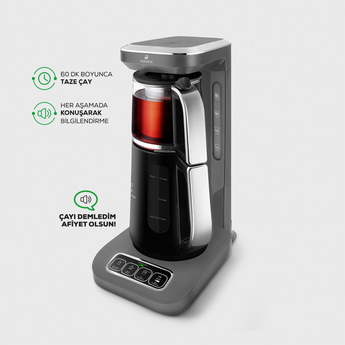 Karaca Çaysever Robotea Pro 4 in 1 Konuşan Otomatik Çay Makinesi Su Isıtıcı ve Filtre Kahve Demleme Makinesi 2500W Space Gray