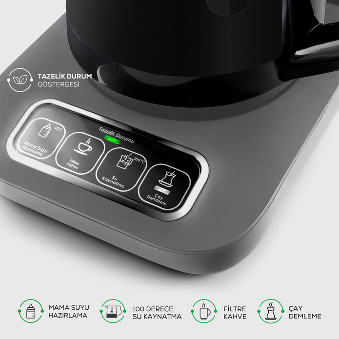 Karaca Çaysever Robotea Pro 4 in 1 Konuşan Otomatik Çay Makinesi Su Isıtıcı ve Filtre Kahve Demleme Makinesi 2500W Space Gray