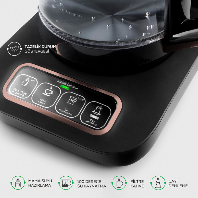 Karaca Çaysever Robotea Pro Connect 4 in 1 Konuşan Otomatik Cam Çay Makinesi Su Isıtıcı ve Filtre Kahve Demleme Makinesi 2500W Rosegold