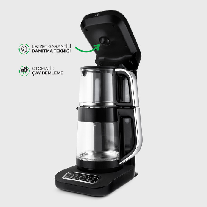 Karaca Çaysever Robotea Pro 4 in 1 Konuşan Otomatik Cam Çay Makinesi Su Isıtıcı ve Filtre Kahve Demleme Makinesi 2500W Black Chrome