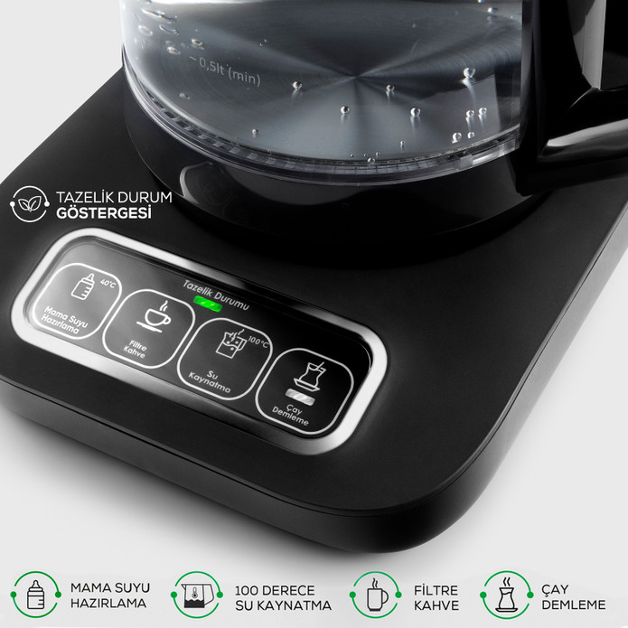 Karaca Çaysever Robotea Pro 4 in 1 Konuşan Otomatik Cam Çay Makinesi Su Isıtıcı ve Filtre Kahve Demleme Makinesi 2500W Black Chrome