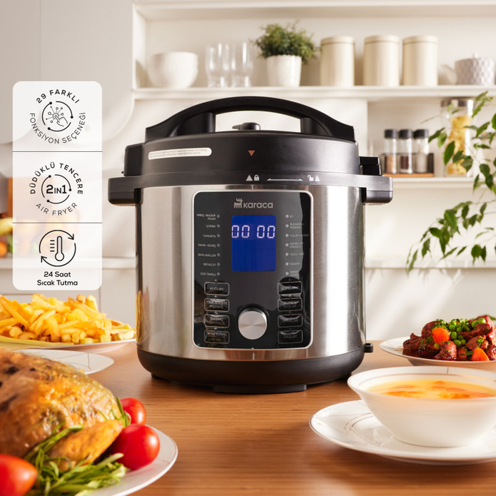 Karaca Cooker 2 in 1 6L Çok Amaçlı Basınçlı Pişirici Akıllı Elektrikli Düdüklü Tencere ve Airfryer Silver