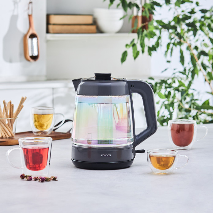 Karaca Glass Tea xl 2 in 1 35 Bardak Aile Boyu Renkli Camlı Çay Makinesi ve Su Isıtıcı Opal 1900w