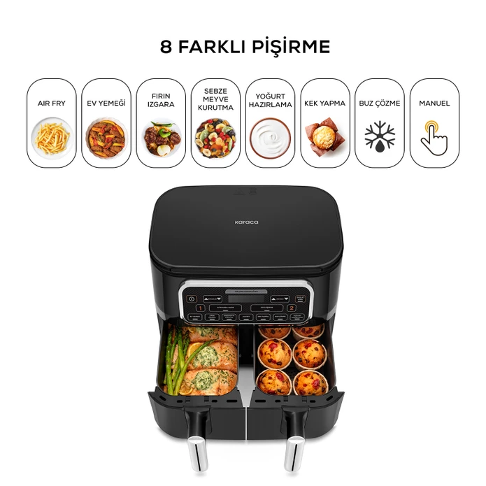 Karaca Air Pro Cook Duo Ev Yemeği XXXL 8 Litre Airfryer Black Chrome 8 Kişilik