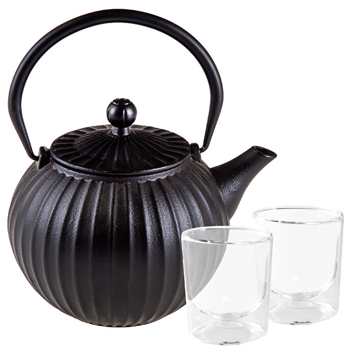 Jumbo Dublin Döküm Demlik Siyah + 2'li Double Wall Bardak 280 ml