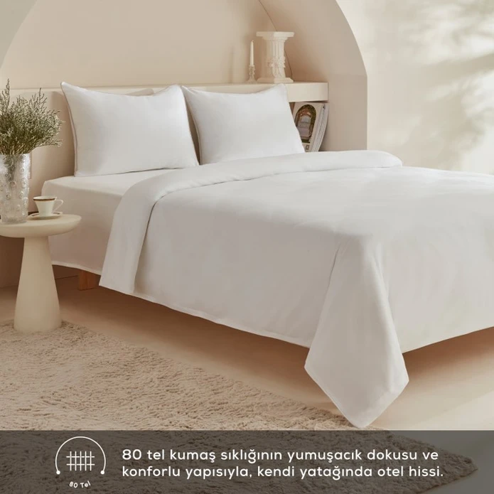 Karaca Home White Collection Vinas 80 Tel %100 Pamuk Çift Kişilik Saten Biyeli Nevresim Takımı Beyaz