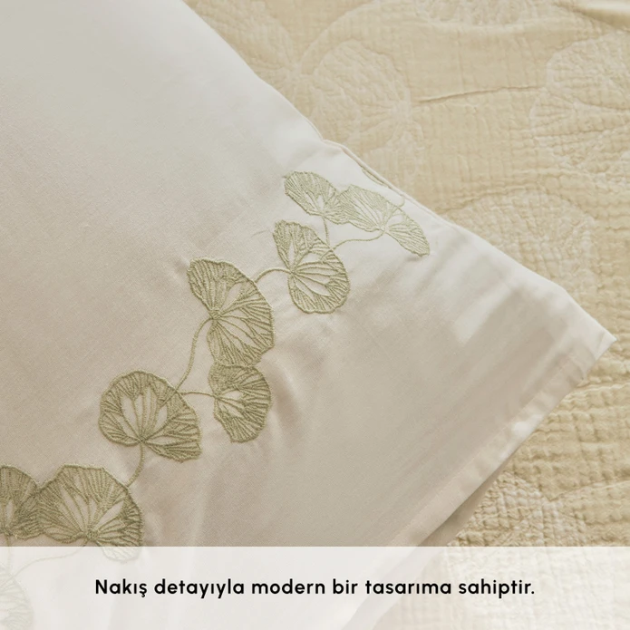 Karaca Home Ginkgo Leaf Müslin Nakışlı Çift Kişilik Pike Takımı Adaçayı