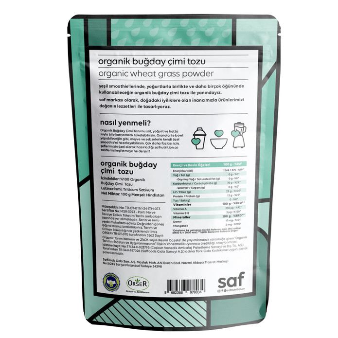Saf Nutrition Organik Buğday Çimi Tozu 100 G