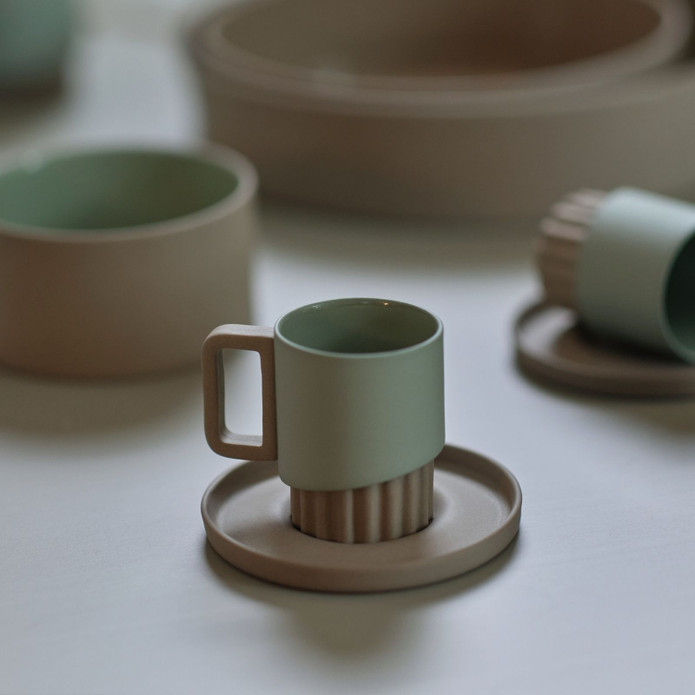 Esma Dereboy Korint El Yapımı Porselen Kahve Fincanı Tabağı 9,5 cm Taş Rengi