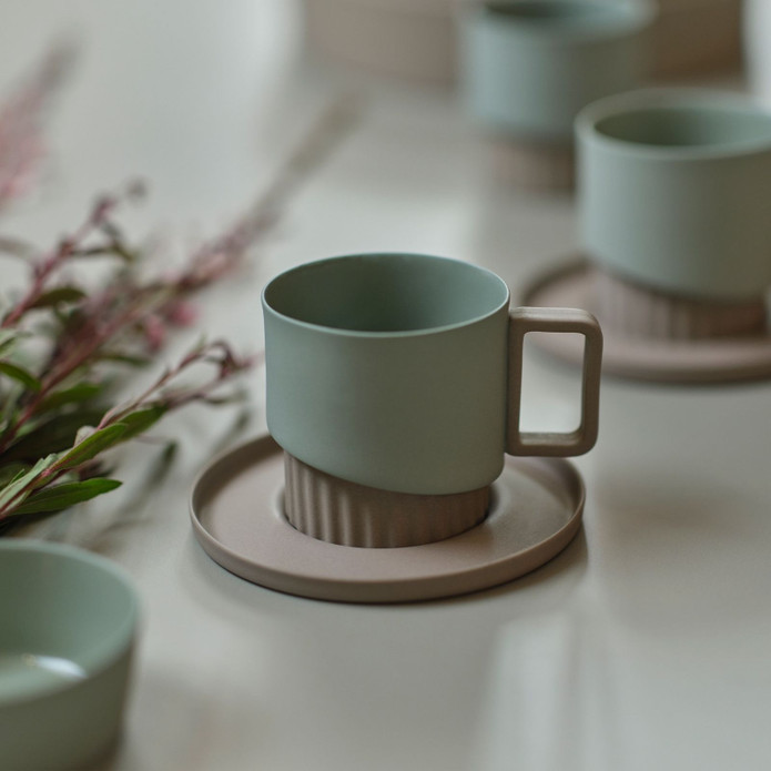 Esma Dereboy Korint El Yapımı Porselen Çay Fincanı Tabağı 12 cm Taş Rengi