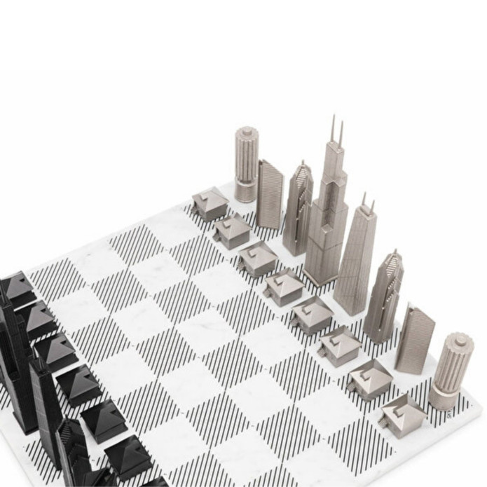 Skyline Chess Paslanmaz Çelik Mermer Satranç Takımı Chicago