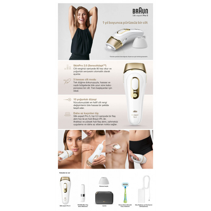 Braun Ipl Silk Expert Pro 5 Evde Tüy Alma Çanta Venüs Tıraş Makinesi 2 Başlık İle PL5146 Beyaz Gold