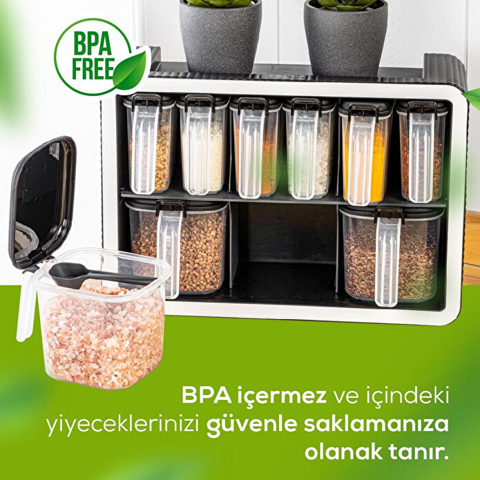 Vienev Beyaz Serigrafi Etiketli 9'lu Standlı Kendinden Yapışkanlı Kaşıklı Baharatlık Seti Antrasit