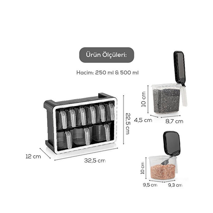 Vienev Beyaz Serigrafi Etiketli 9'lu Standlı Kendinden Yapışkanlı Kaşıklı Baharatlık Seti Antrasit