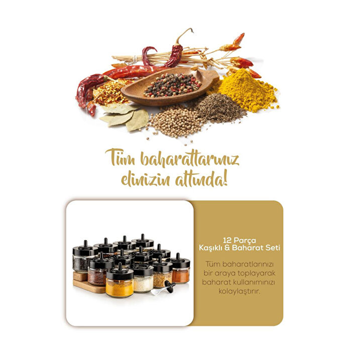 Vienev Siyah Serigrafi Etiketli 12 Adet Kapağı Kendinden Kaşıklı Baharatlık Seti Kısa