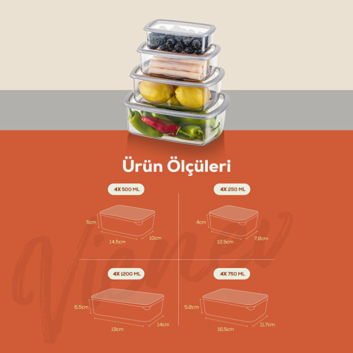 Vienev 24'lü Hava Geçirmez Saklama Kabı Seti Antrasit 6x(250-500-750-1200 Ml)