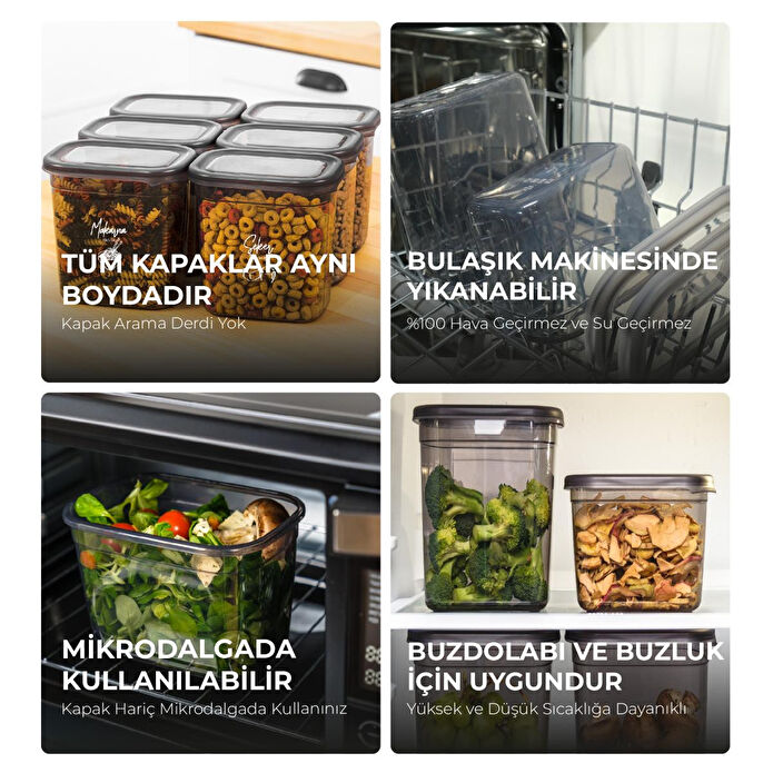 Vienev Beyaz Serigrafi Etiketli 15li Peggy Dikdörtgen Saklama Kabı Seti 5x(1500-1150-800 Ml) Antrasit