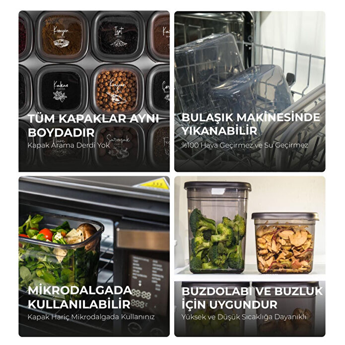 Vienev Beyaz Serigrafi Etiketli 6lı Set Maxi Boy Peggy Uzun Dikdörtgen Saklama Kabı 2 Litre Antrasit