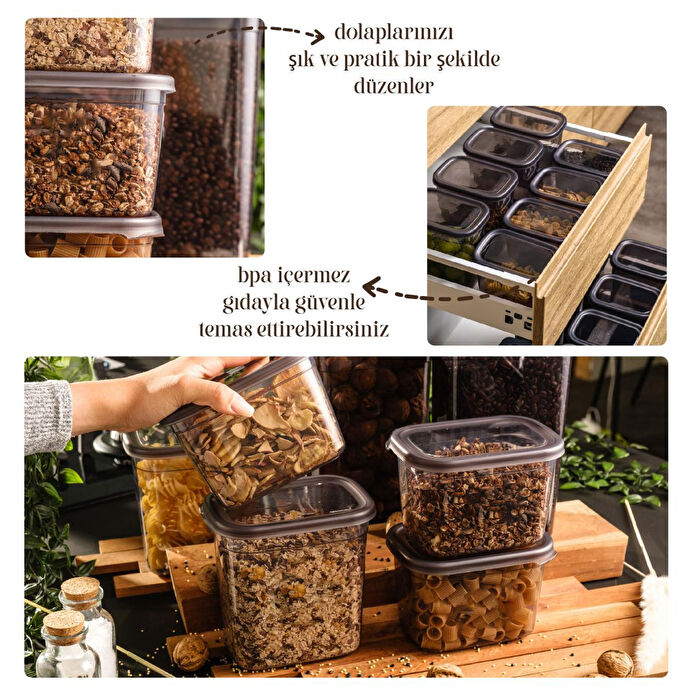 Vienev Beyaz Serigrafi Etiketli 6lı Set Maxi Boy Peggy Uzun Dikdörtgen Saklama Kabı 2 Litre Antrasit