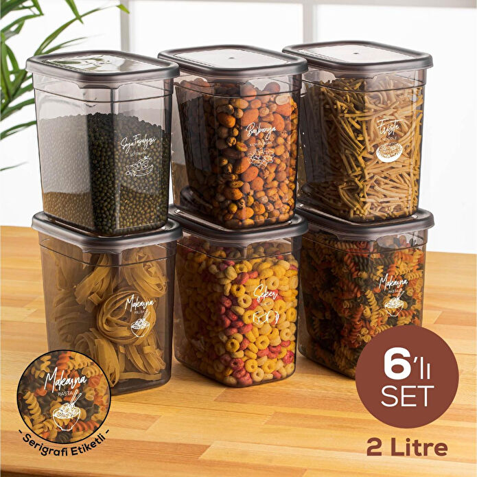 Vienev Beyaz Serigrafi Etiketli 6lı Set Maxi Boy Peggy Uzun Dikdörtgen Saklama Kabı 2 Litre Antrasit