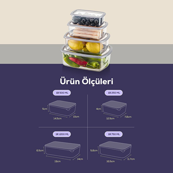Vienev 4'lü Hava Geçirmez Saklama Kabı Seti Antrasit 1x(250-500-750-1200 Ml)