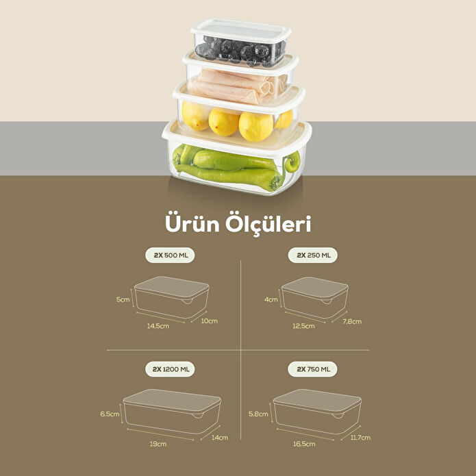 Vienev 8'li Hava Geçirmez Saklama Kabı Seti Gri 2x(250-500-750-1200 Ml)