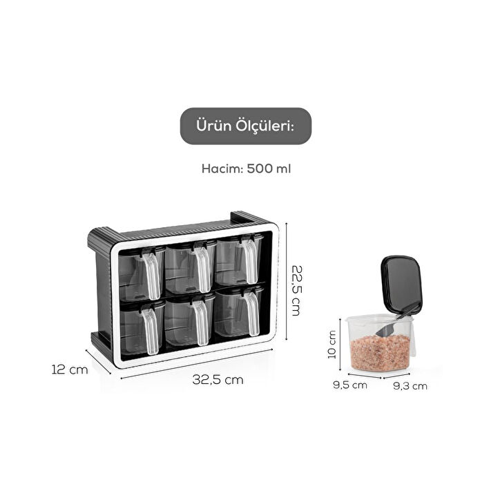 Vienev Beyaz Serigrafi Etiketli 6'lı 500 Ml Standlı Kendinden Yapışkanlı Kaşıklı Baharatlık Seti Siyah